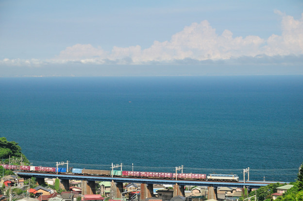 鉄橋を渡るEF66電機牽引の貨物列車