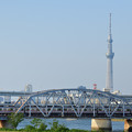 スカイツリーと荒川橋梁を渡る京成電車
