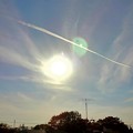 写真: 飛行機雲と太陽