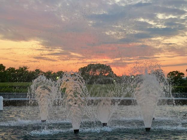 写真: 落合公園から見た夕焼け - 5：夕焼けと噴水
