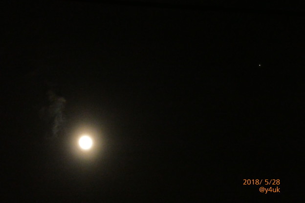 薄雲と月、いつも見つめてくる明るい星☆仲良し(°▽°)月暈 光環〜Flower moon, cloudy &amp; star [手持ち 130mm]