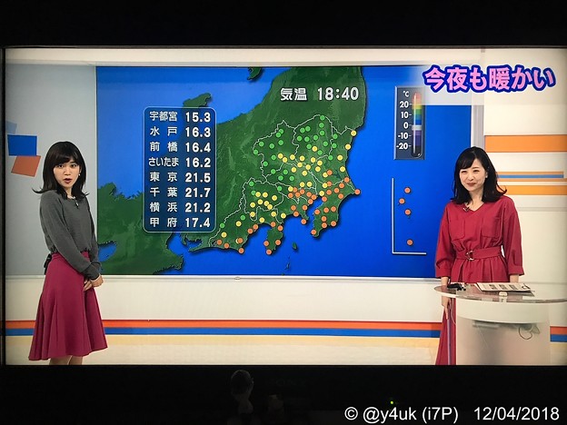 「夜も暖かい」夏の様、異常気象…でも週末から寒波。驚きの表情の合原明子アナ〜ヘップバーン(^^)関口奈美気象予報士も笑う。2人の赤ファッション仲良しXmasムード(о´∀`о)NHK首都圏ネットワーク