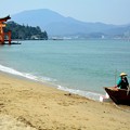 写真: 大鳥居と渡し船の砂浜