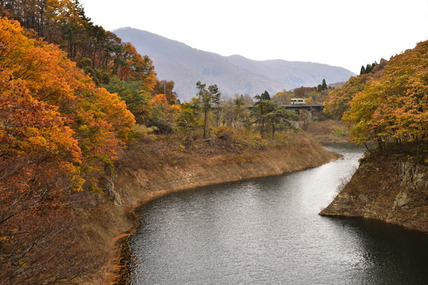 写真: 北上線　紅葉の渓谷をはしる