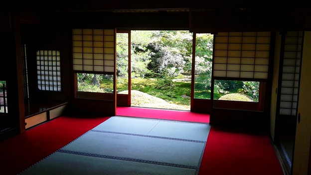 写真: 畳、窓、赤い絨毯