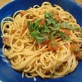 写真: 初レシピ。麻薬的に旨いトマトスパゲッティ（原文そのまま）さてどんなもんかね。いただきまーす