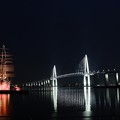 写真: ライトアップの海王丸と新湊大橋