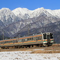 冬の飯田線とアルプスの山並み