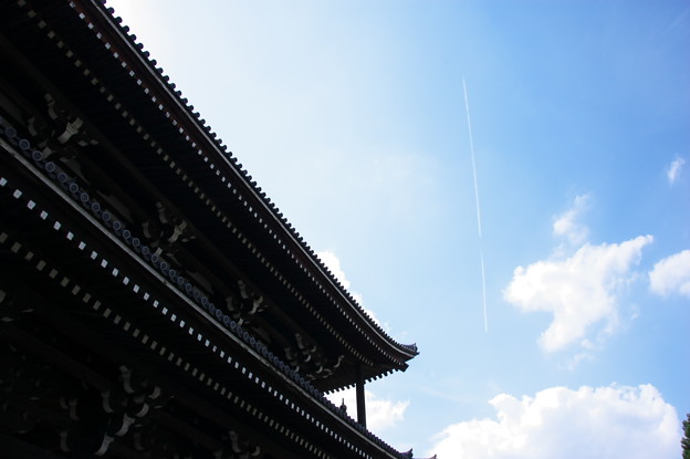 写真: 三門と飛行機雲