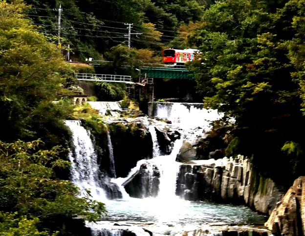 写真: 富士急電車が通る田原の滝