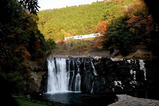 写真: 秋の真岡鉄道が走る竜門の滝