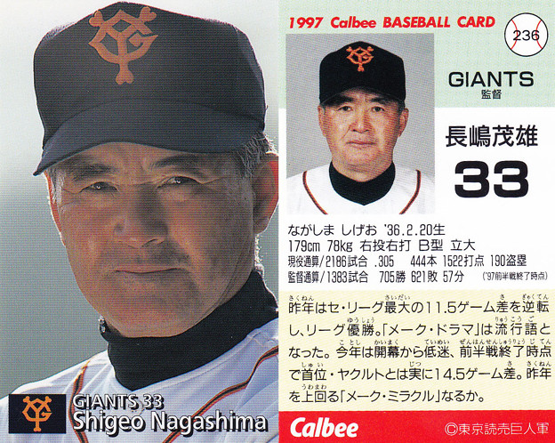 プロ野球チップス1997No.236長嶋茂雄（読売ジャイアンツ）