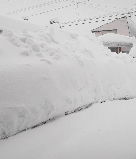 写真: 玄関前の雪の山　２メートルを超えています