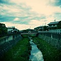 小川に映る曇り空。