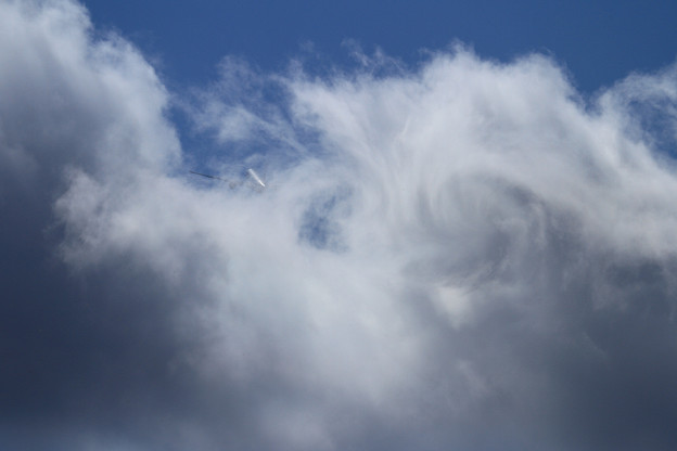 写真: B777 JAL 雲をぬける