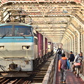 写真: 赤川橋梁を渡る貨物列車！
