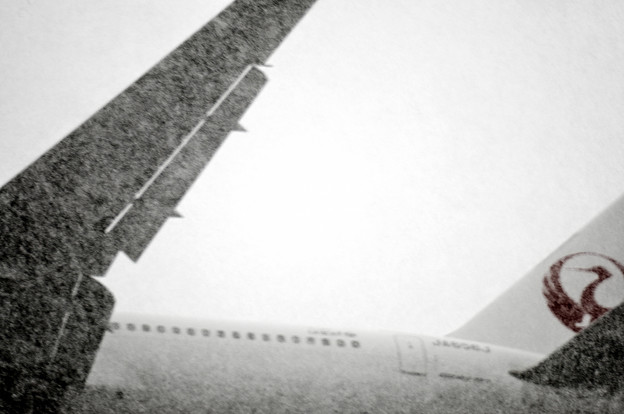 写真: ヒコーキ雪降りの中を飛ぶ
