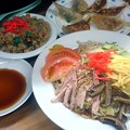 写真: 【今日の夜飯】岡山市北区野田屋町の、中華一番 冷麺＆ハーフやきめしセットと、手作りギョーザ（６コ）。　煮椎茸が特徴。　ここのギョーザ、美神好み♪\(^o^)／