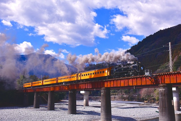 写真: 大井川鐵道のローカル風景 鉄橋を走るSL