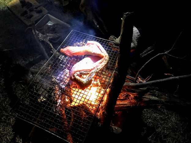 写真: トロサーモンの焚火焼き