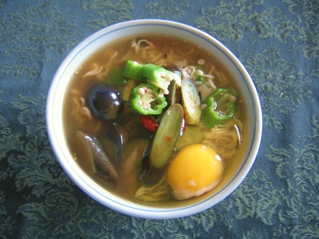 写真: Noodle Okura Eggplant Egg 10-25-10