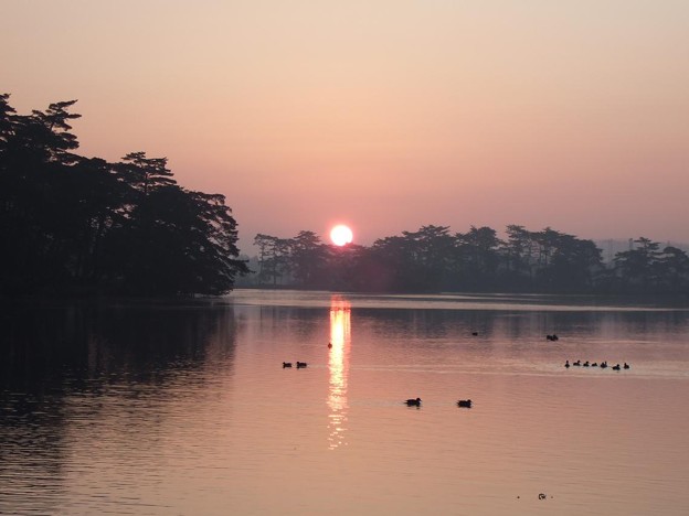 写真: 湖に浮かぶ日の出の光